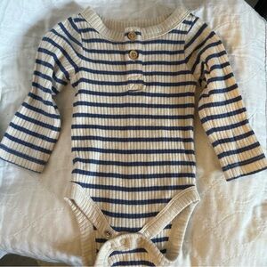Newborn Cotton Blend Ribbed Beige Navy Blue Stripe Long Sleeve Bodysuit